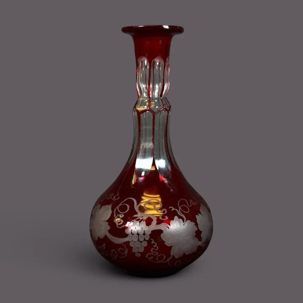 Vintage Etched Red ruby bohemian decanter Glass Cruet with flowers patterns